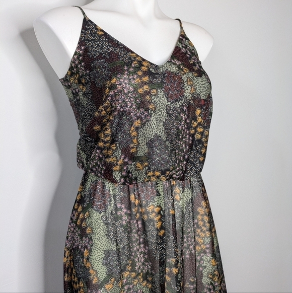 Vintage Ragtime neutral green yellow maroon sheer abstract floral dress S - Picture 4 of 8